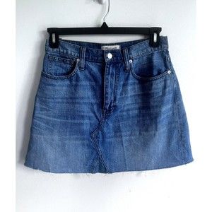 Madewell Rigid Denim A-Line Blue Medium Wash Distress Hem Mini Skirt Size 28